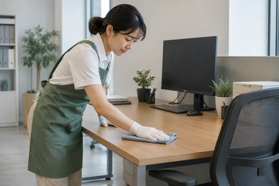 극세사 천으로 사무실 책상 상판을 닦는 작업 · AI 설명 이미지