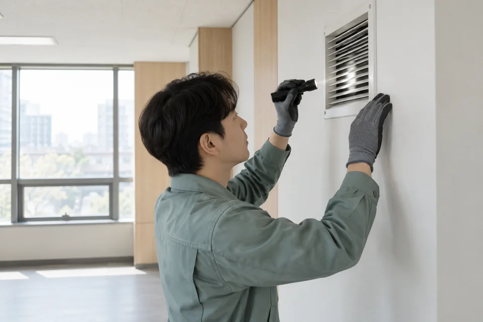 환기구 주변의 상태를 조명으로 확인하는 모습 · AI 설명 이미지